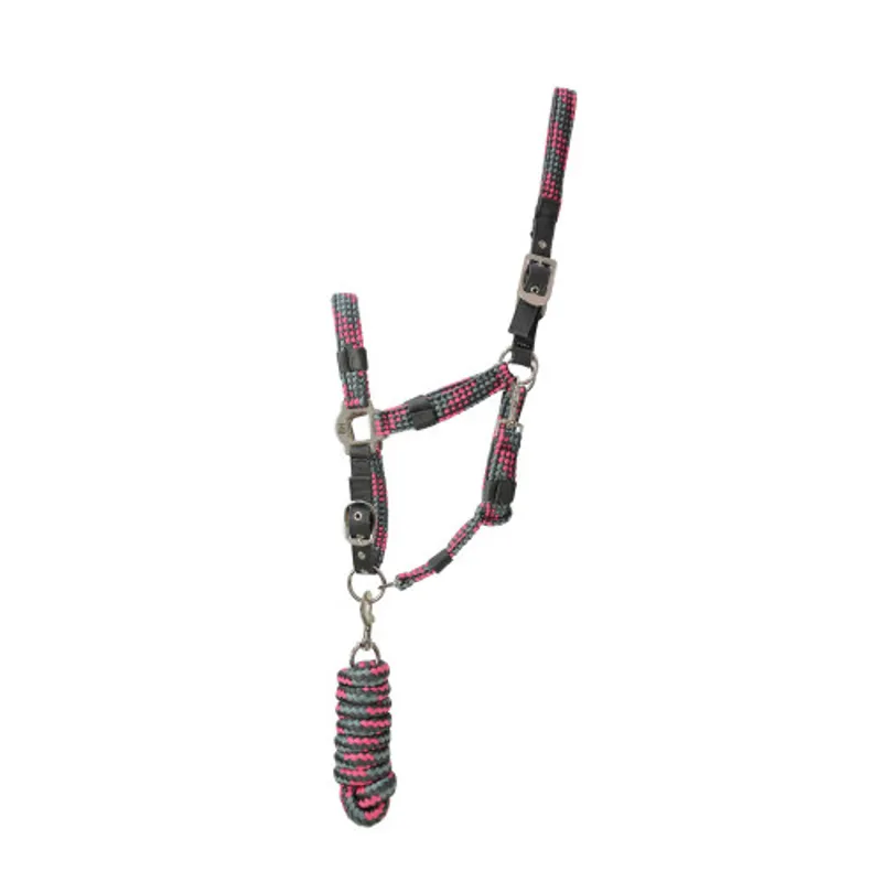 Hy Equestrian Multicolour Adjustable Head Collar and Lead Rope - Dark Grey/Grey/Pink
