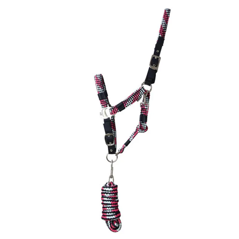 Hy Equestrian Multicolour Adjustable Head Collar and Lead Rope - Grey/Pink/Mint