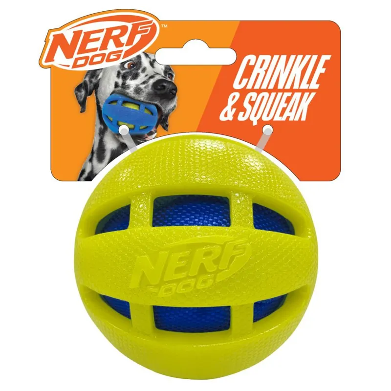 Nerf Dog Checker Squeak and Crunch Ball 3.8in Blue/Green with Blue/Green Crunch Bag