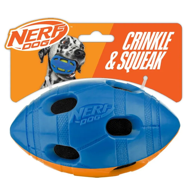 Nerf Dog Bash Squeak and Crunch Football 6in Blue/Orange
