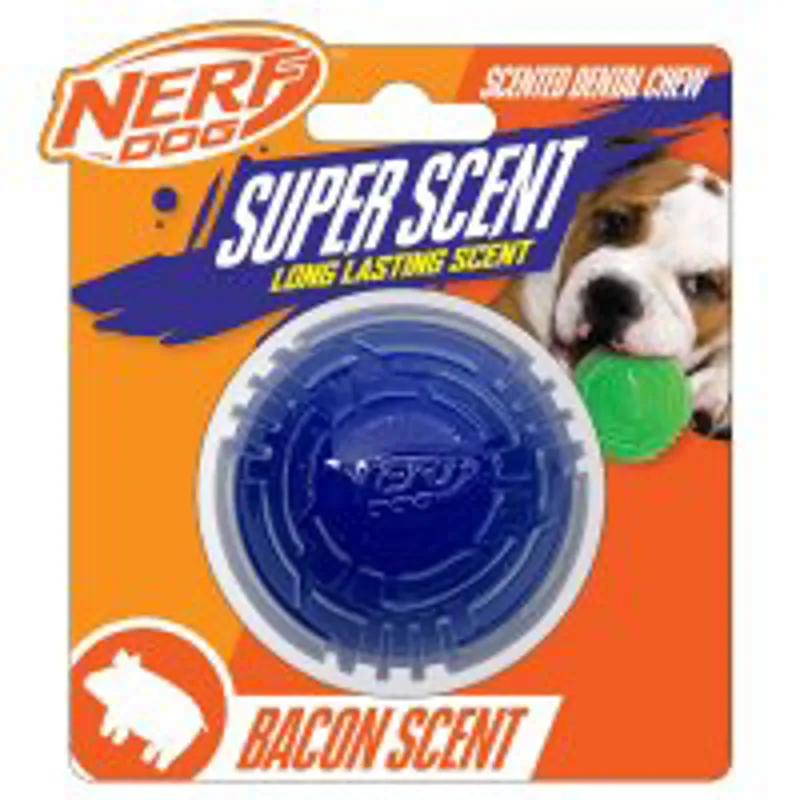 Nerf Dog Scented Bacon Super Scent Ball Solid Core 2.5in Clear/Blue