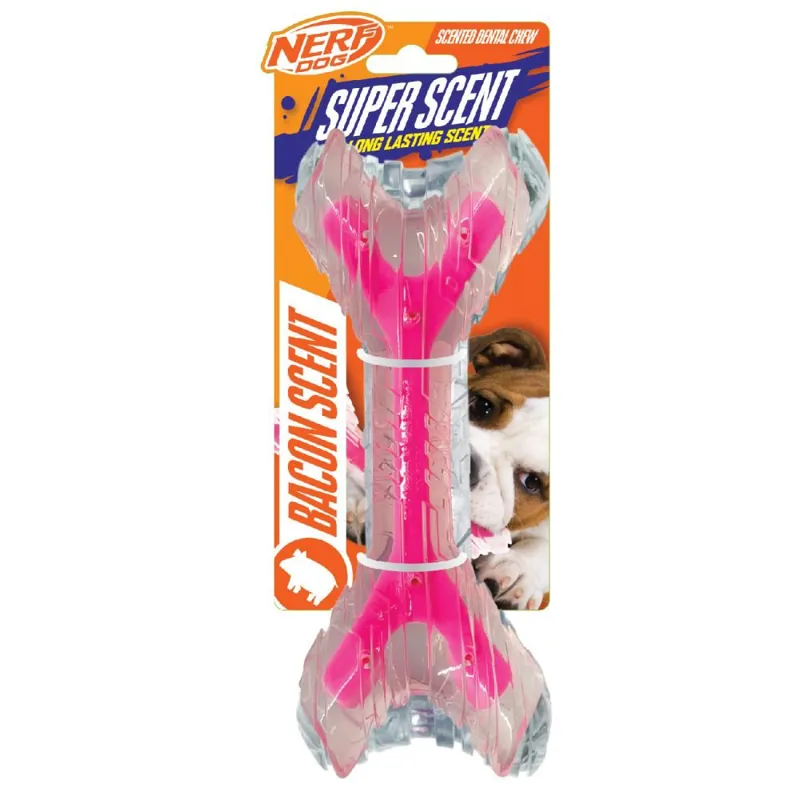 Nerf Dog Scented Bacon Super Scent Bone Solid Core 9in Clear/Pink