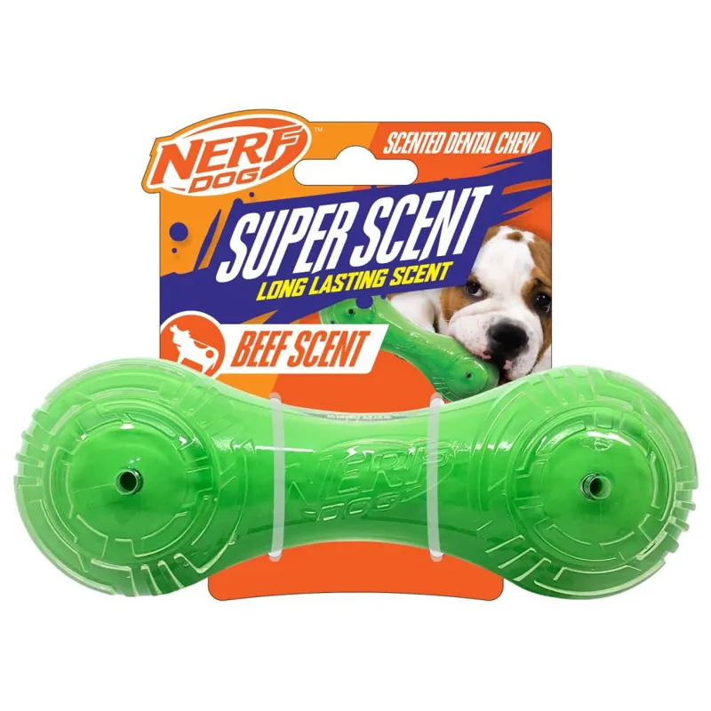 Nerf Dog Scented Beef Super Scent Barbell Solid Core 7in Green/Clear