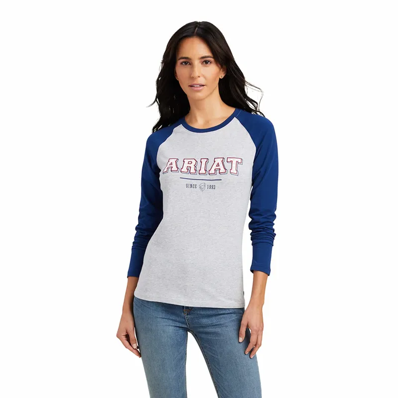Ariat Ladies Varsity LS T-Shirt - Estate Blue/ Heather Grey
