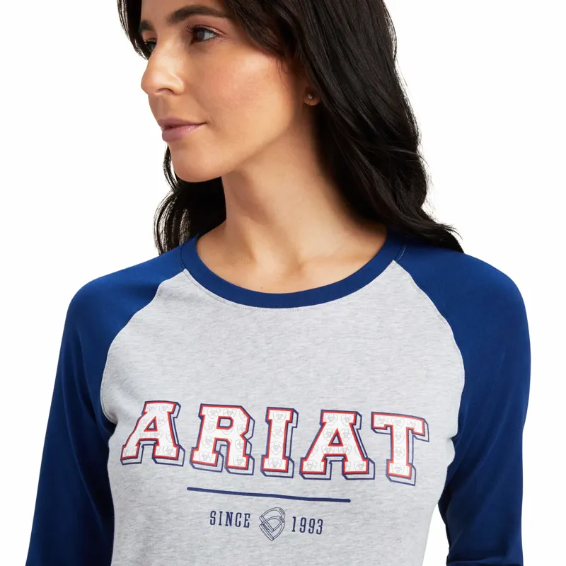 Ariat Ladies Varsity LS T-Shirt - Estate Blue/ Heather Grey-1