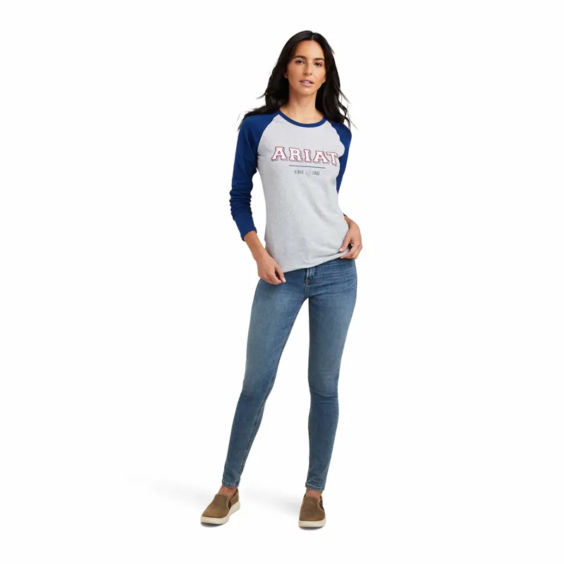 Ariat Ladies Varsity LS T-Shirt - Estate Blue/ Heather Grey-2
