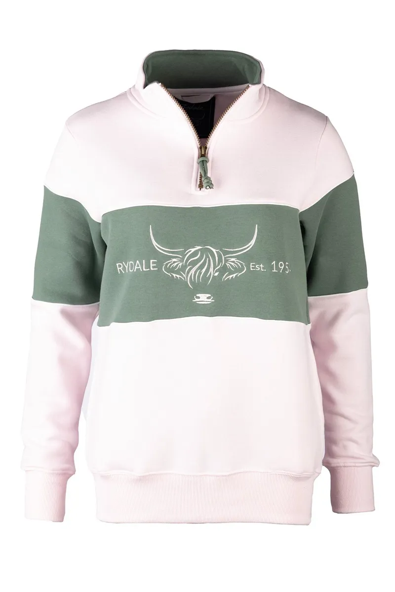 Rydale Ladies Highland Cow Sweatshirt - Byland - Pale Pink/Thyme/Pale Pink